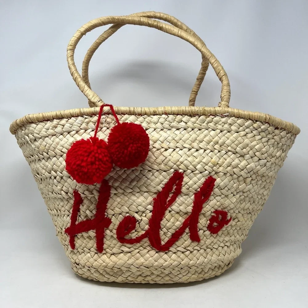 Straw Tote Bag Womens Large Raffia Hello Embroidery Pom Pom Tassel Beach Resort‎